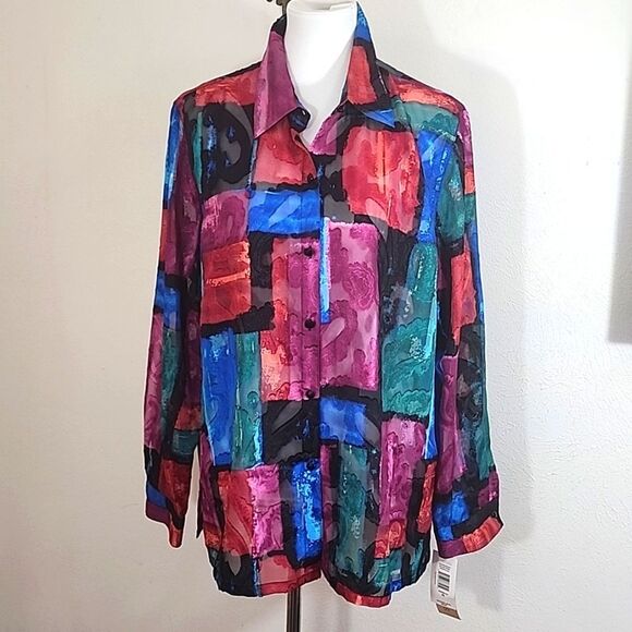 Clothes Vintage Sheer Paisley Patch Work Button Down Blouse Size XL NWT - Picture 1 of 10